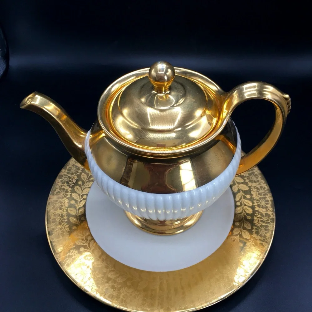 VTG 3Pc Royal Winston Grimwades Art Deco 22k Gold Teapot & Gold Rim Plate